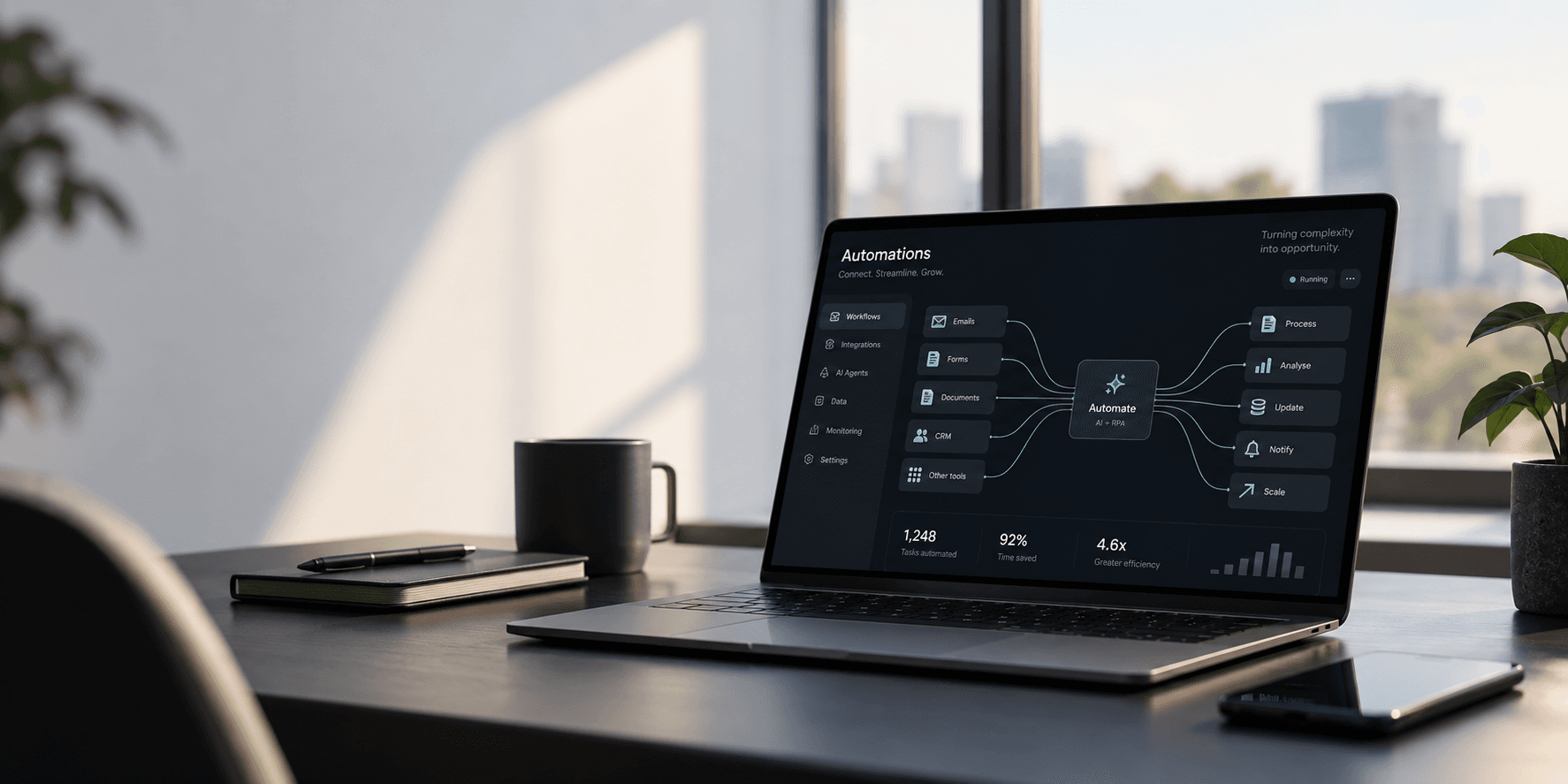 A laptop showing the AutomateIT automation dashboard, connecting emails, forms, documents and CRM data through to automated processing, analysis and notifications